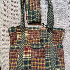 Bella Taylor medium cotton plaid Stride tote bag with matching slim card wallet